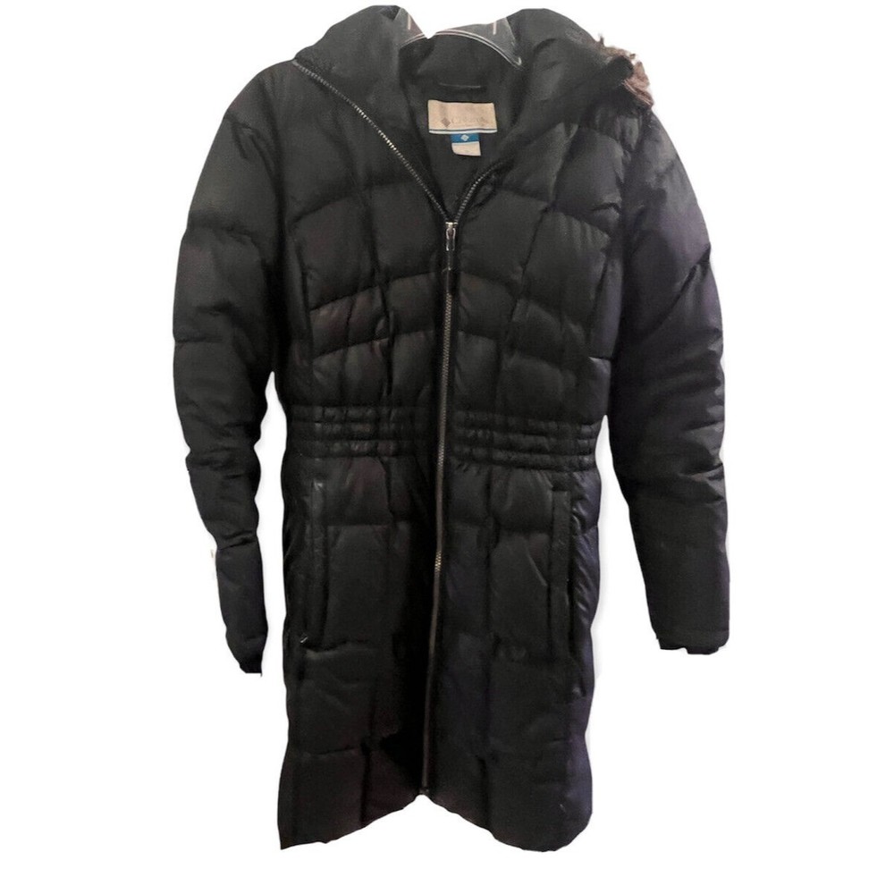Columbia Puffer Jacket Women Small Hooded Long Down Fill Black